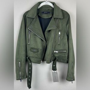 ZARA BASICS Faux Suede Olive Cropped Moro Jacket Size M